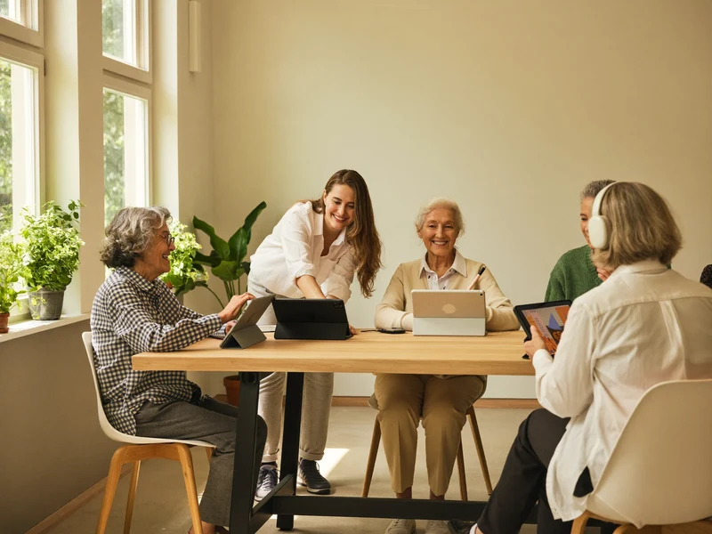 Sala di quartiere con anziani al tavolo e un tutor paziente