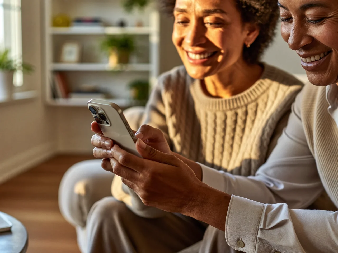 Anziana e giovane tutor con lo smartphone sul divano