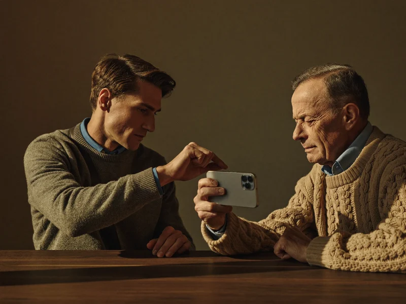Tutor mostra con calma un gesto sullo smartphone a un anziano